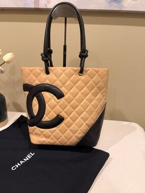 CHANEL Two-Tone Quilted Tan and Black Leather Tote